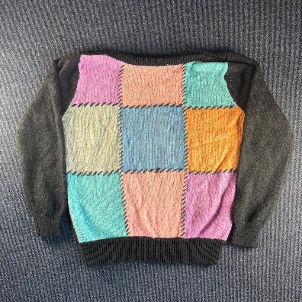 Vintage Patsys Place Patchwork Block Knit Sweater Multi-Color Black Large 4610